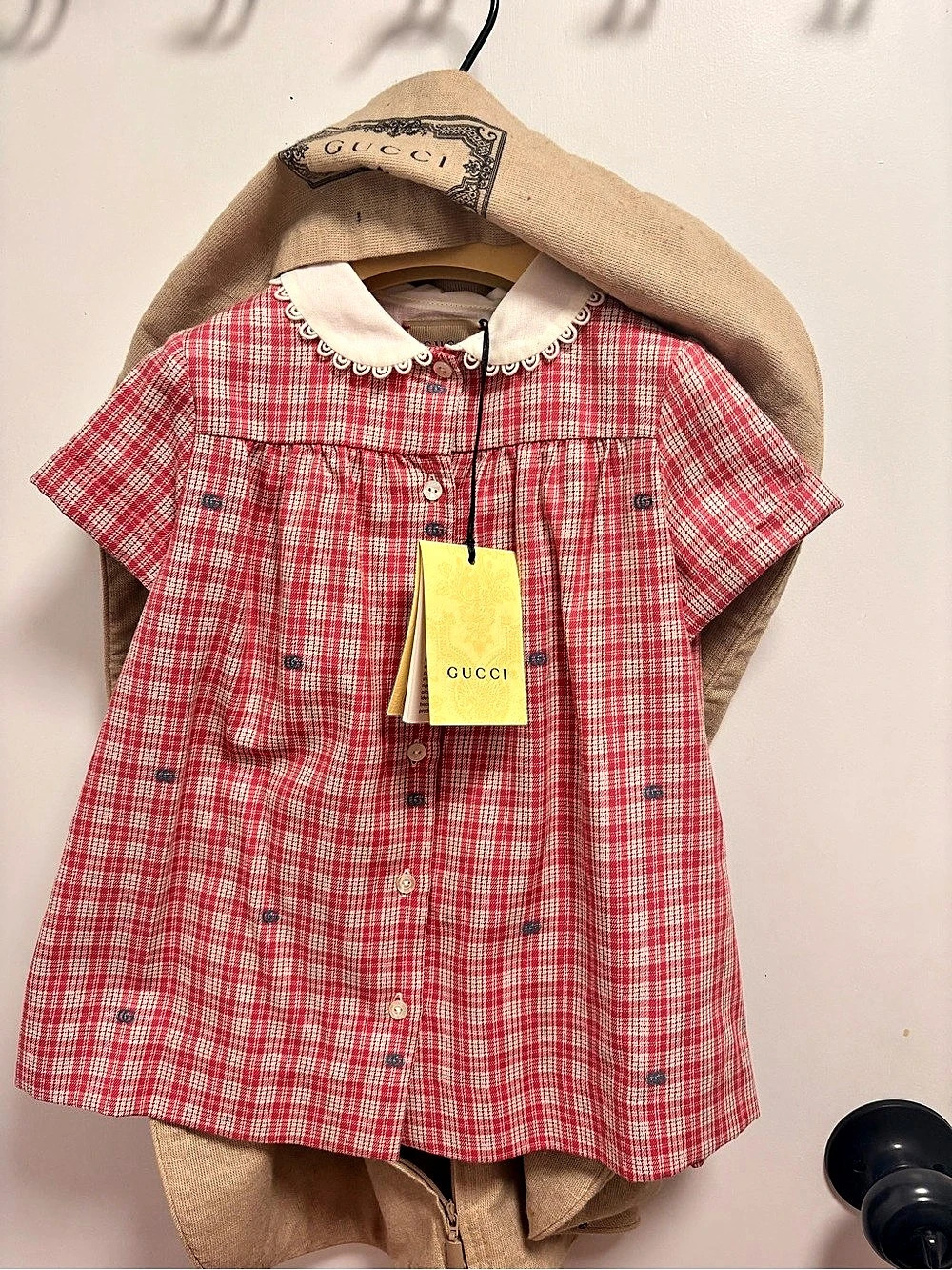Gucci Kids Red Plaid Dress with Interlocking G Embroidery Girls 9/12